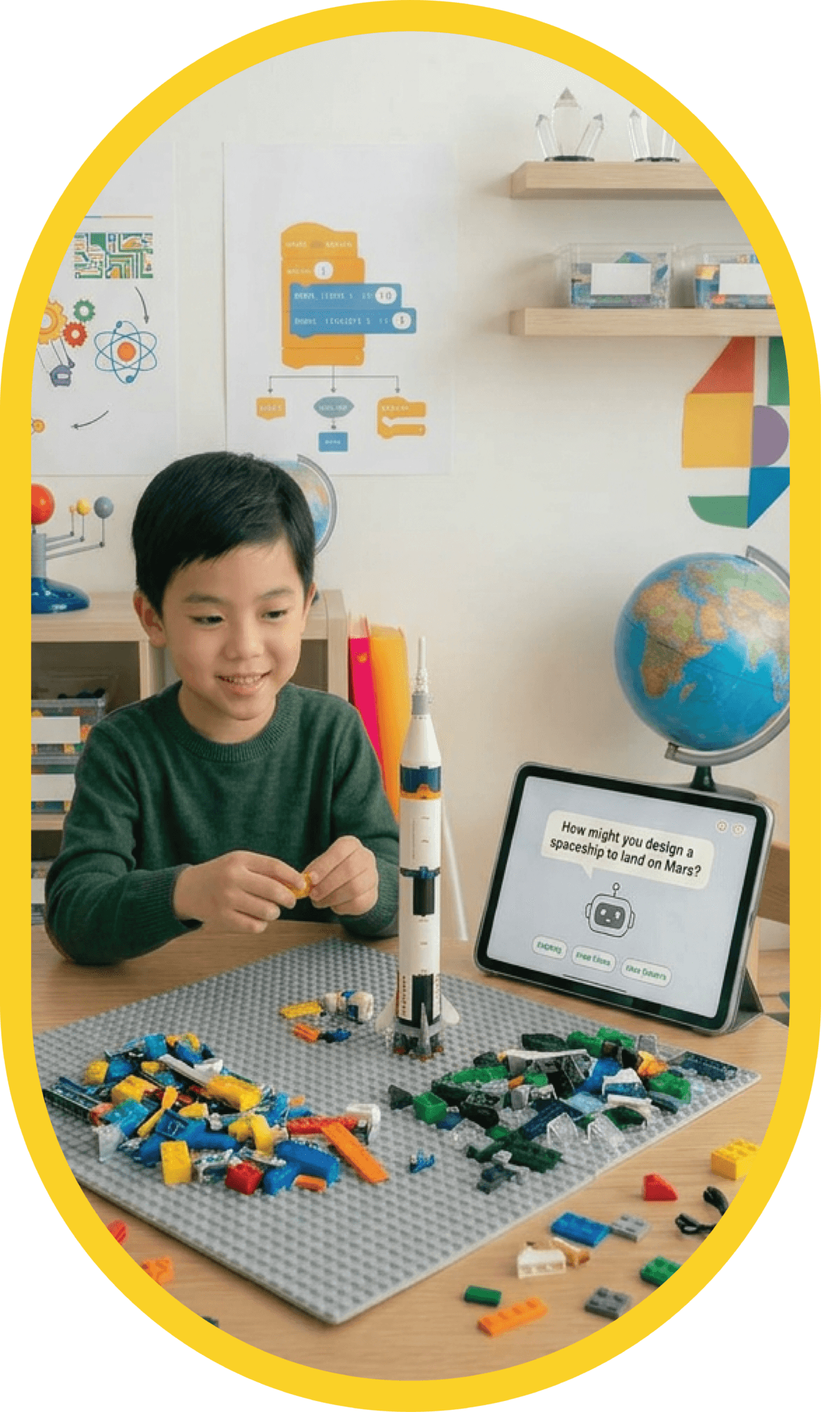 Students collaborating on a LexBuild challenge with LEGO bricks and a laptop