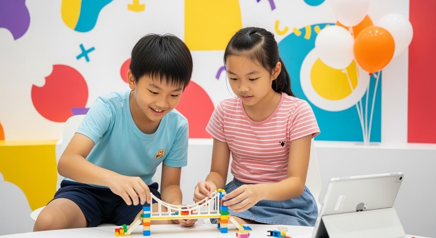 Young learners creating stories together with a tablet in a colourful classroom