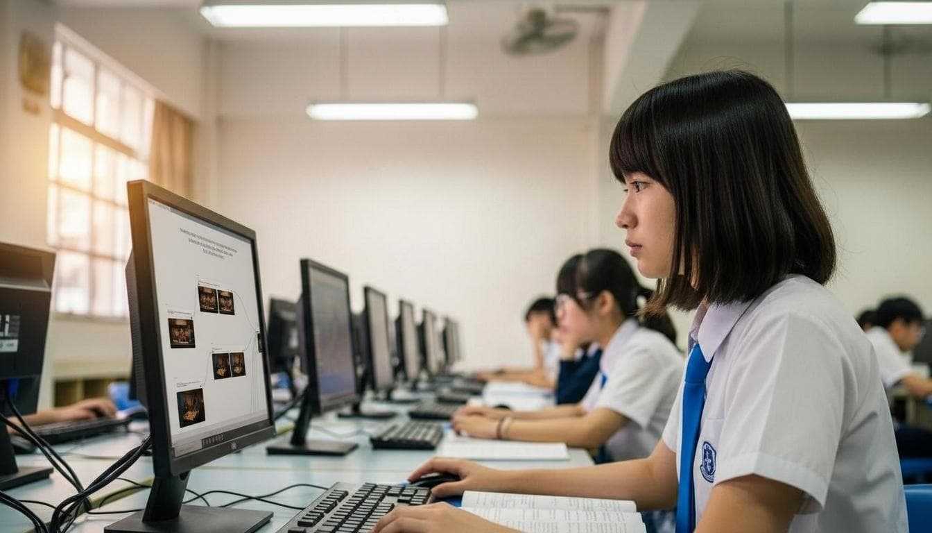 A student working through a practice paper at a school computer, notebook open beside the keyboard.